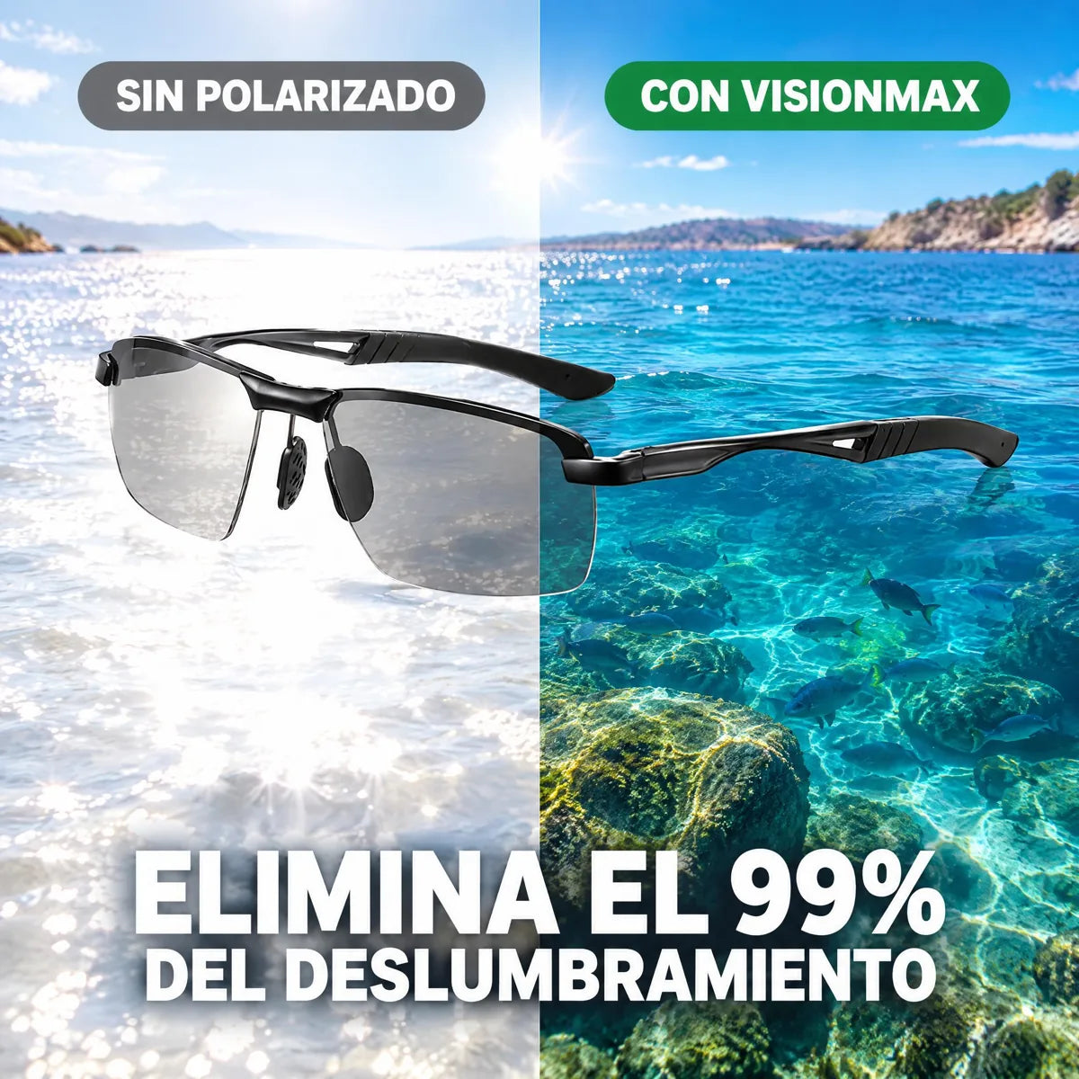 Comparación sin polarizado y con lentes polarizados VisionMax en el agua