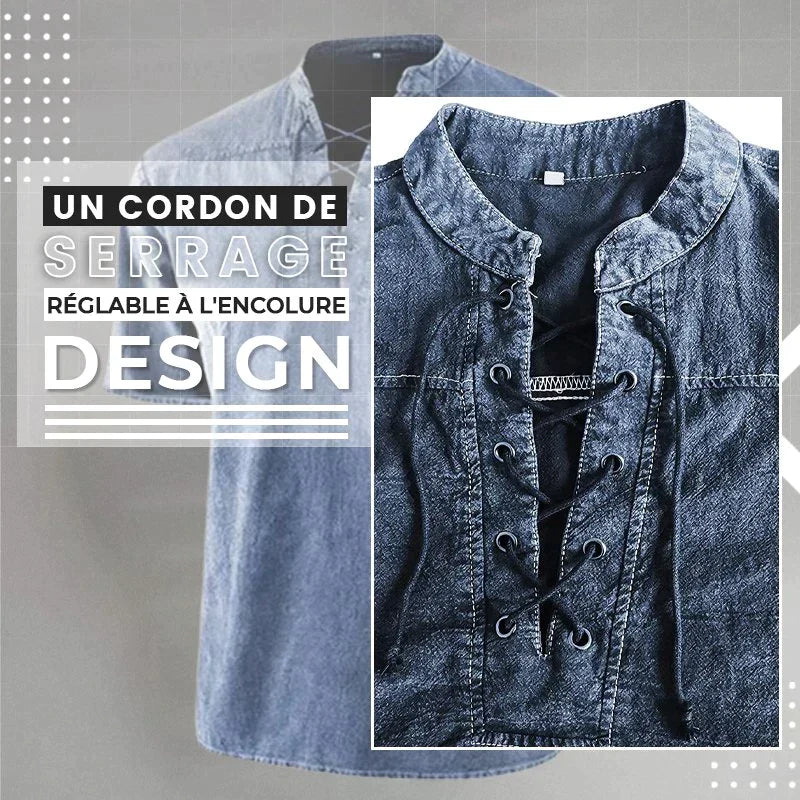 Camiseta gótica vintage de hombre con cuello en V y bolsillos de lino camiseta de manga corta holgada