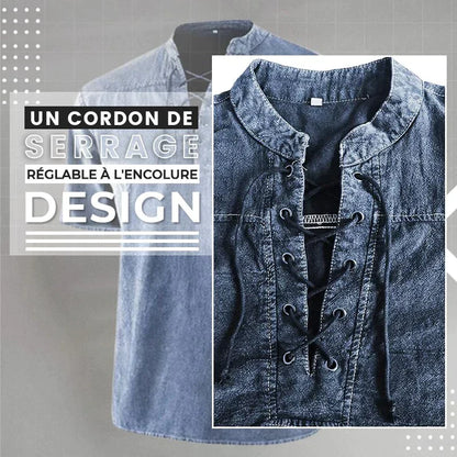 Camiseta gótica vintage de hombre con cuello en V y bolsillos de lino camiseta de manga corta holgada