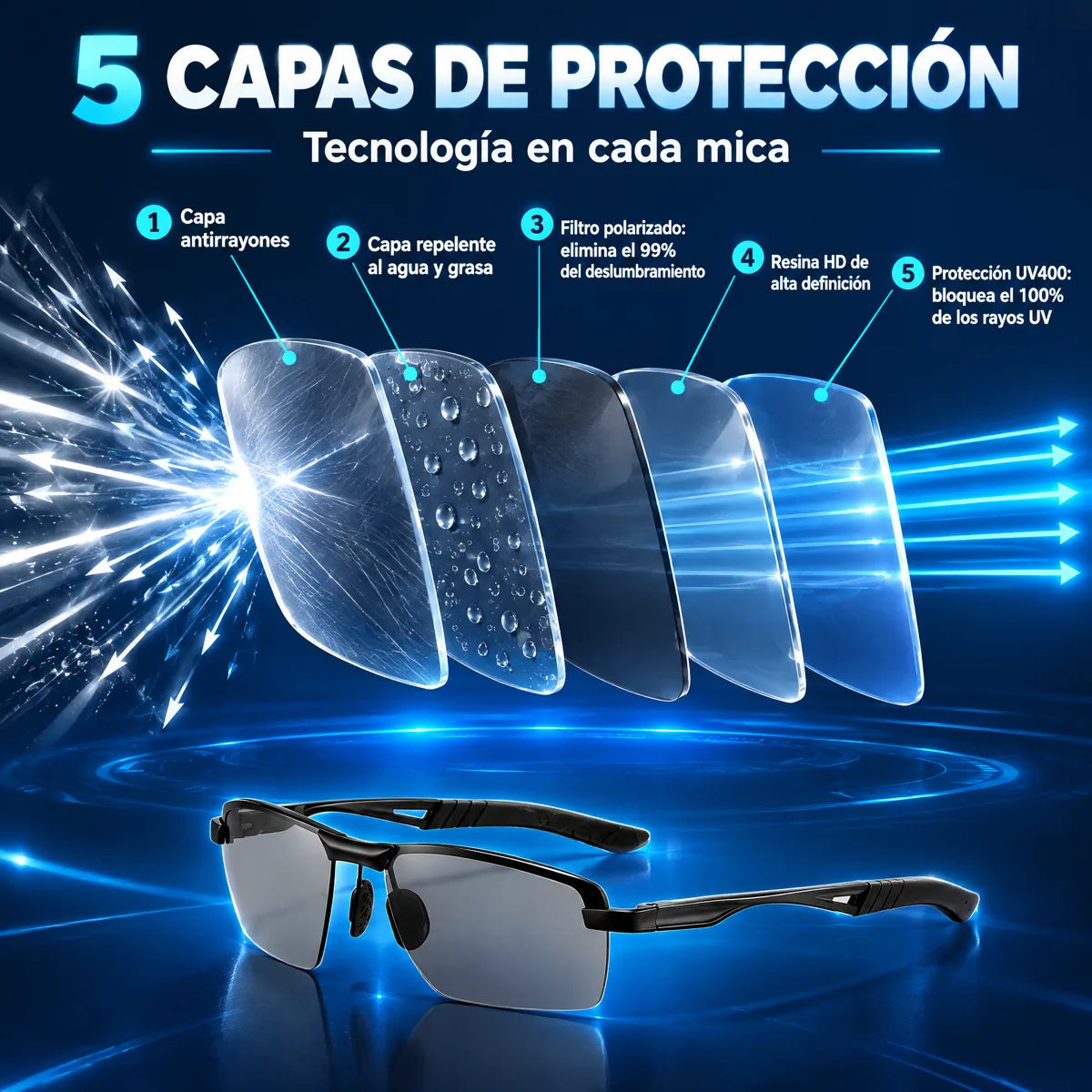 5 capas de protección en las micas VisionMax: UV400 y antirreflejo