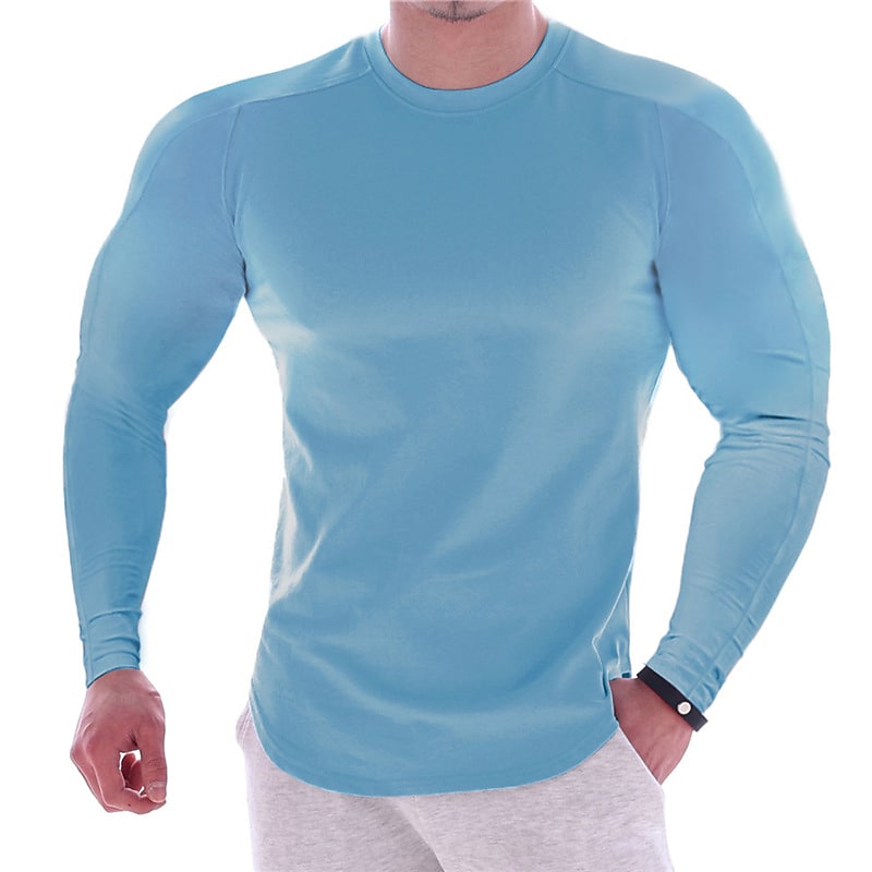 CAMISETA MUSCULAR DE MANGA LARGA DEPORTIVA DE COLOR LISO PARA HOMBRE