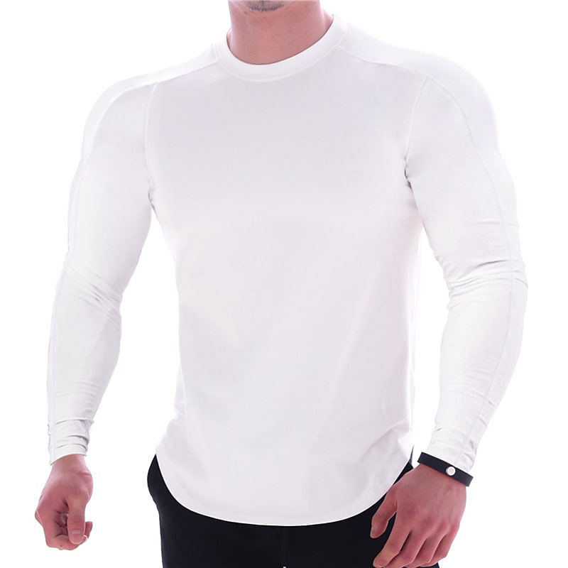 CAMISETA MUSCULAR DE MANGA LARGA DEPORTIVA DE COLOR LISO PARA HOMBRE