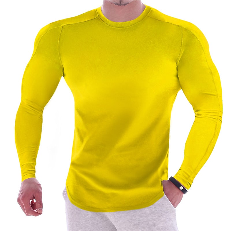 CAMISETA MUSCULAR DE MANGA LARGA DEPORTIVA DE COLOR LISO PARA HOMBRE