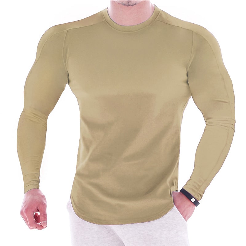 CAMISETA MUSCULAR DE MANGA LARGA DEPORTIVA DE COLOR LISO PARA HOMBRE