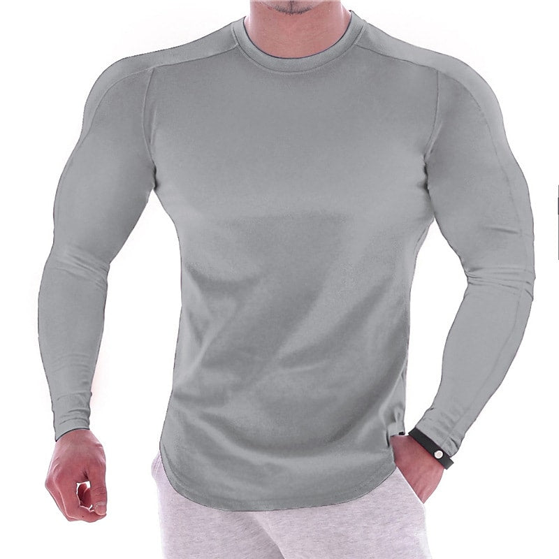CAMISETA MUSCULAR DE MANGA LARGA DEPORTIVA DE COLOR LISO PARA HOMBRE