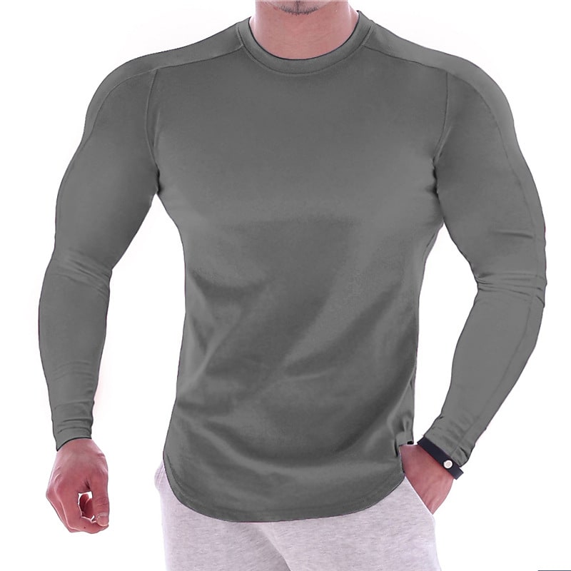 CAMISETA MUSCULAR DE MANGA LARGA DEPORTIVA DE COLOR LISO PARA HOMBRE