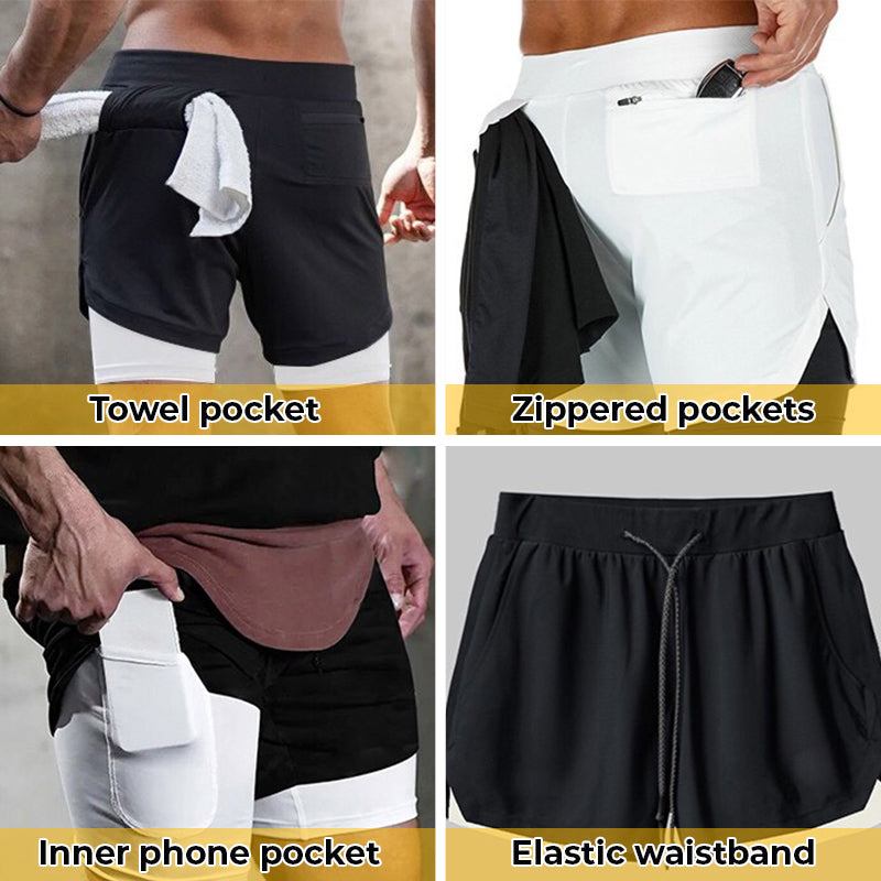 🔥Pantalones cortos deportivos de doble capa con múltiples bolsillos para hombres profesionales