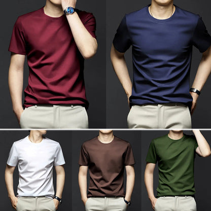 【45% de descuento】Camiseta de hombre antiarrugas elástica de algodón mercerizado con cuello redondo