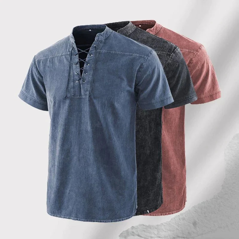 Camiseta gótica vintage de hombre con cuello en V y bolsillos de lino camiseta de manga corta holgada