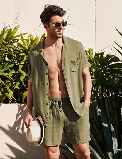 Conjunto de lino para hombre (manga corta + pantalón corto)🔥Compra 2 juegos envío gratis🔥