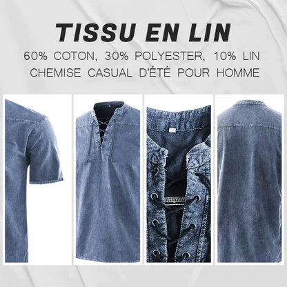 Camiseta gótica vintage de hombre con cuello en V y bolsillos de lino camiseta de manga corta holgada