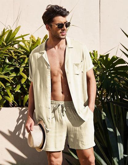 Conjunto de lino para hombre (manga corta + pantalón corto)🔥Compra 2 juegos envío gratis🔥