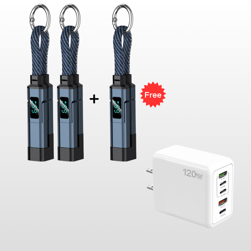 🔥OFERTA ESPECIAL 50% DE DESCUENTO🔥🔌 Cable de carga 4 en 1 con pantalla digital y llavero: carga rápida, resistente a las torceduras y compacto.