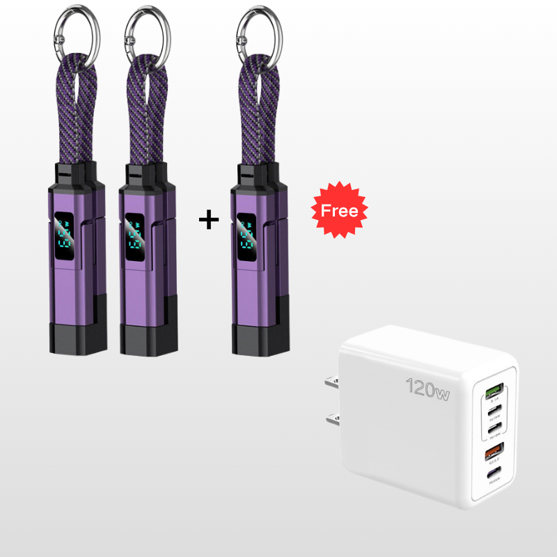 🔥OFERTA ESPECIAL 50% DE DESCUENTO🔥🔌 Cable de carga 4 en 1 con pantalla digital y llavero: carga rápida, resistente a las torceduras y compacto.