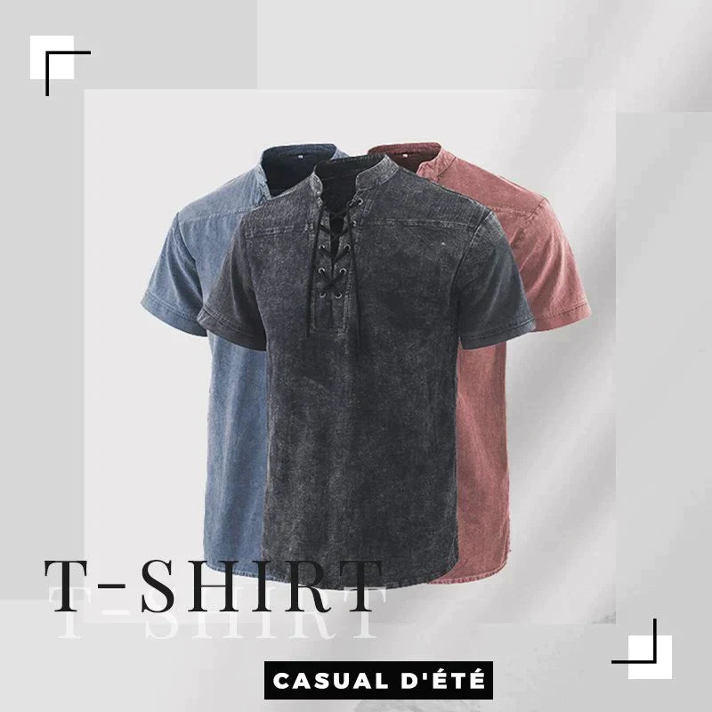 Camiseta gótica vintage de hombre con cuello en V y bolsillos de lino camiseta de manga corta holgada