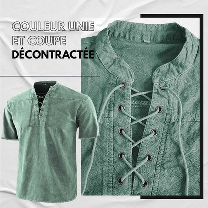 Camiseta gótica vintage de hombre con cuello en V y bolsillos de lino camiseta de manga corta holgada