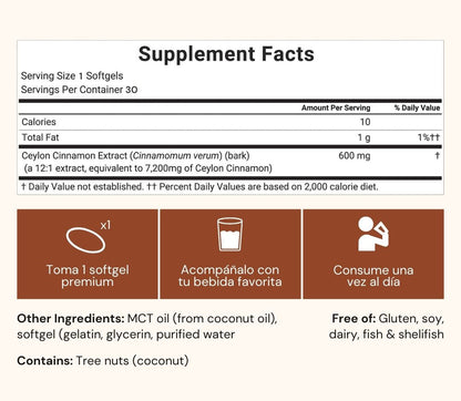 Ceylon Cinnamon equivalente a 7,200 mg con Aceite MCT