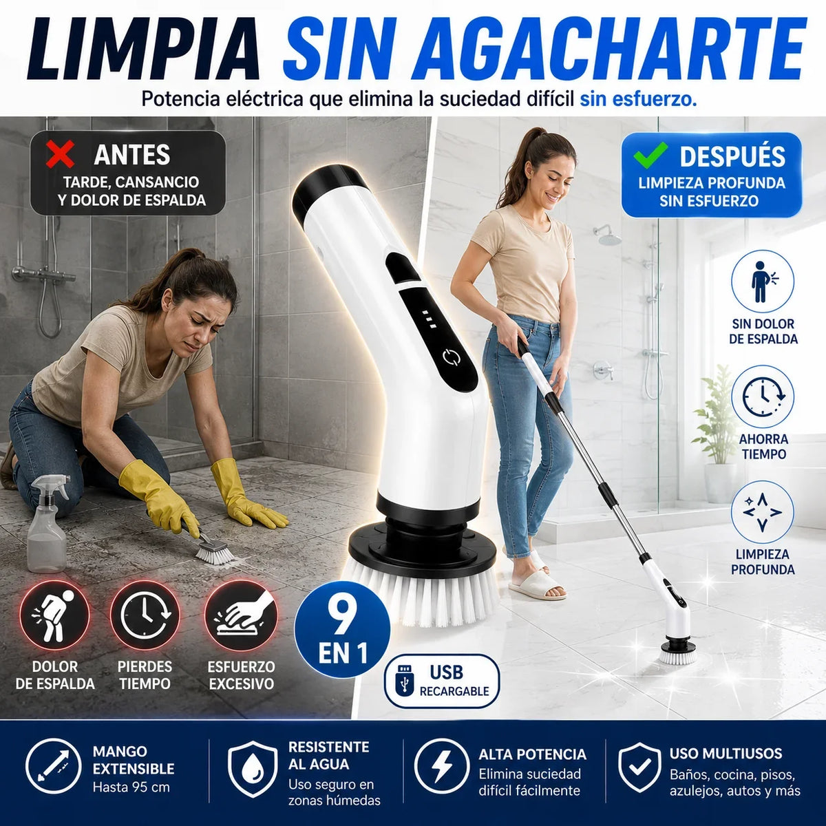 Cepillo Eléctrico Recargable con Mango Extensible y 9 Cabezales