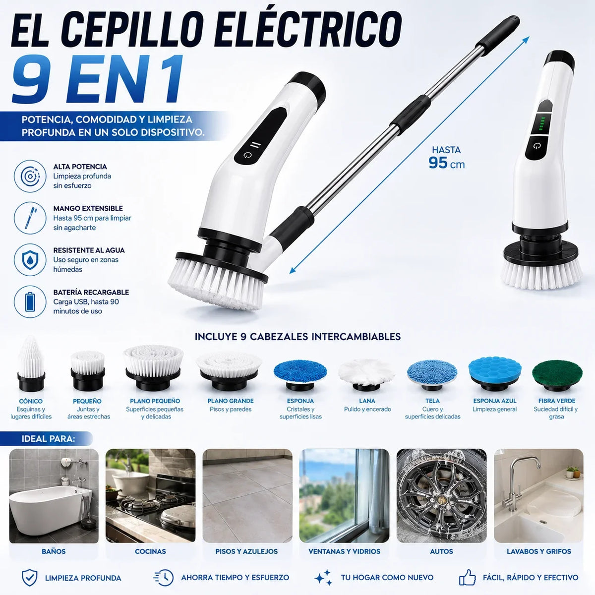 Cepillo Eléctrico Recargable con Mango Extensible y 9 Cabezales