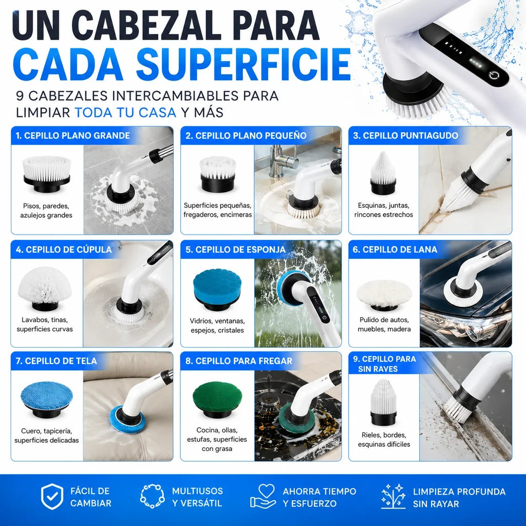 Cepillo Eléctrico Recargable con Mango Extensible y 9 Cabezales