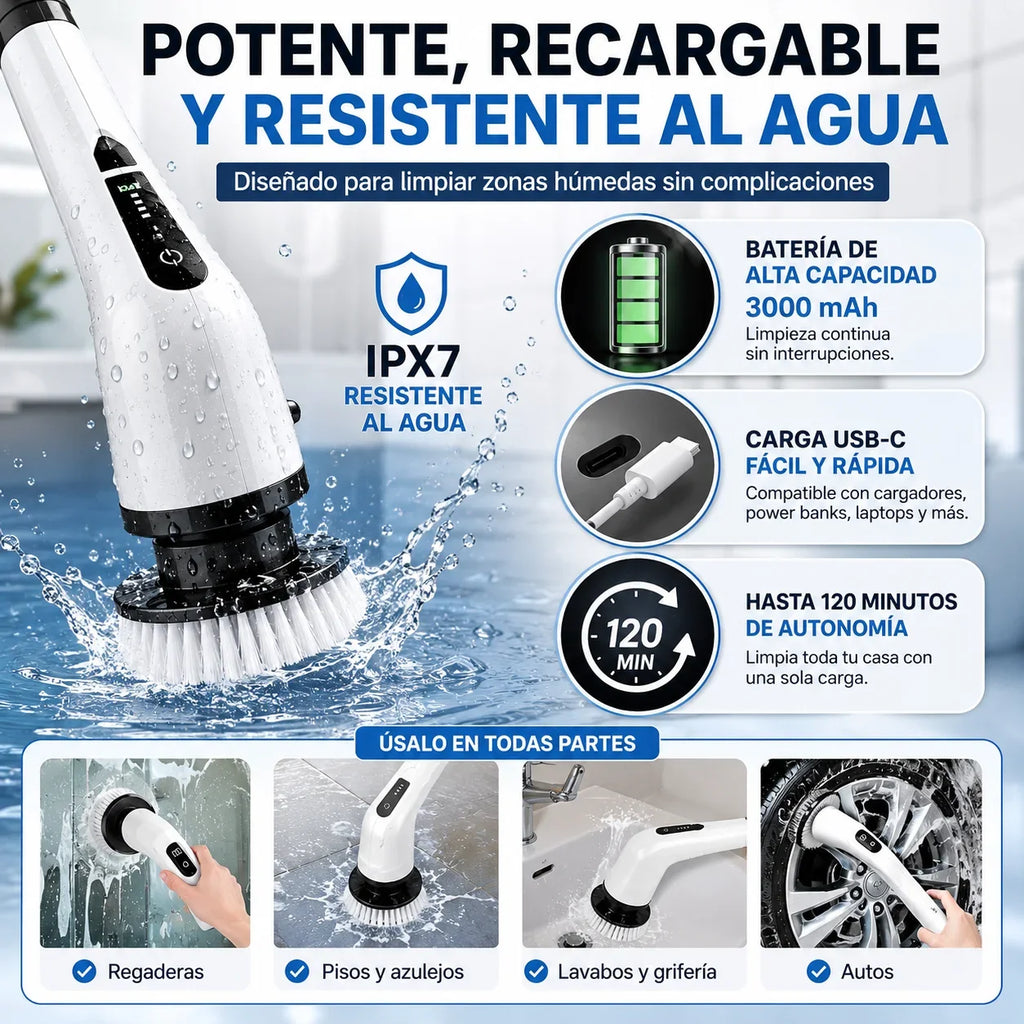Cepillo Eléctrico Recargable con Mango Extensible y 9 Cabezales