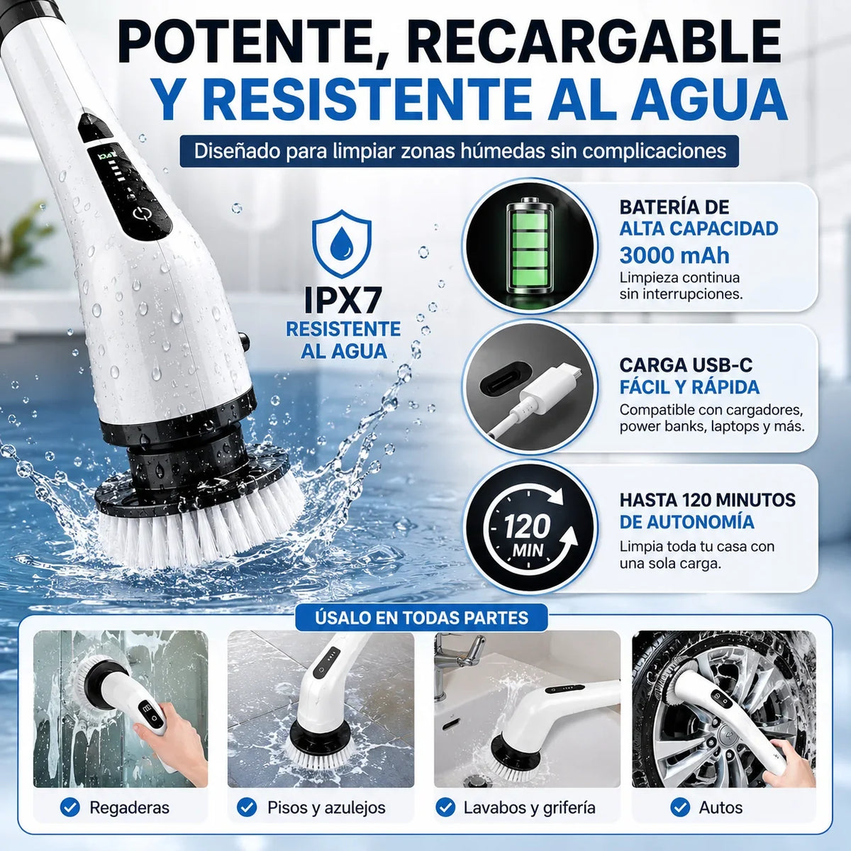 Cepillo Eléctrico Recargable con Mango Extensible y 9 Cabezales