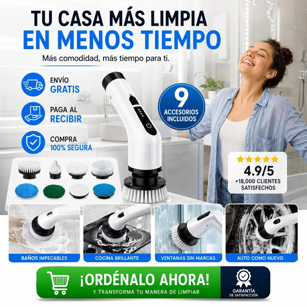 Cepillo Eléctrico Recargable con Mango Extensible y 9 Cabezales