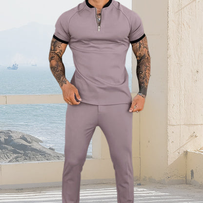 Conjunto de 2 Piezas para Hombres - Top de Media Cremallera y Pantalón de Color Sólido🔥Compra 2 envío gratis