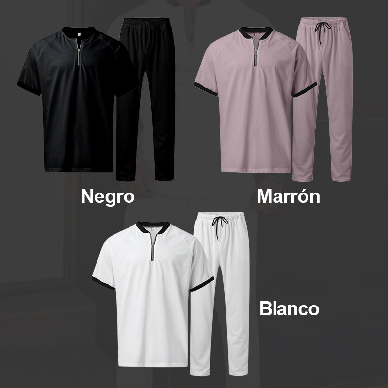 Conjunto de 2 Piezas para Hombres - Top de Media Cremallera y Pantalón de Color Sólido🔥Compra 2 envío gratis