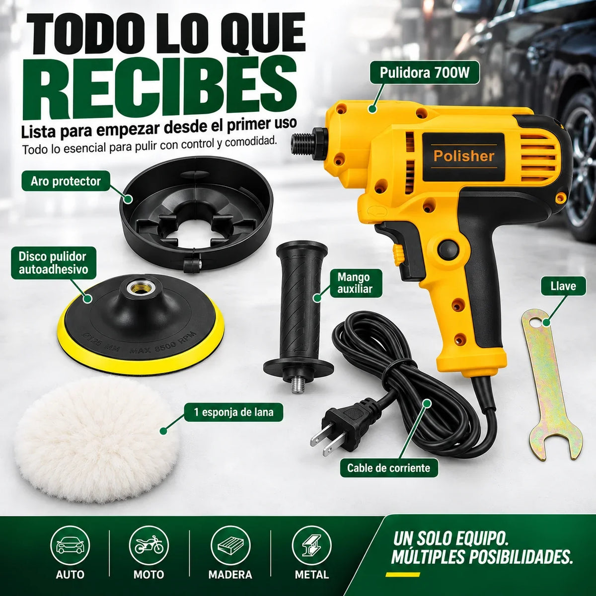 Pulidora para Auto 700W con 6 Velocidades y Accesorios
