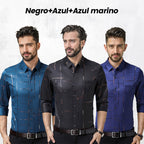 Camisa Antiarrugas para Hombre Manga Larga Paquetes de 1 a 4 en color negra + azul + azul marino