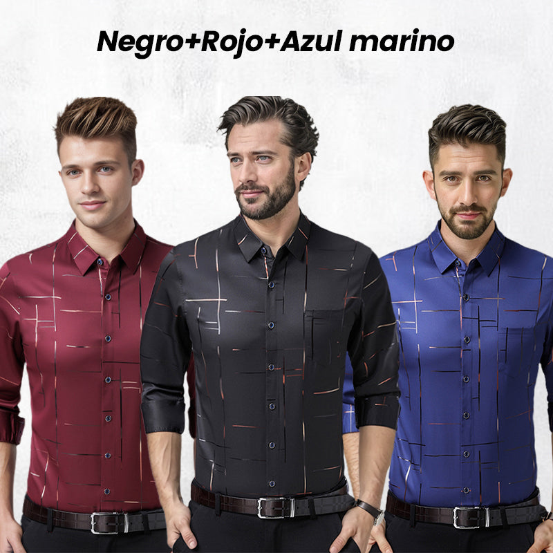 Camisa Antiarrugas para Hombre Manga Larga Paquetes de 1 a 4 en color negra + roja + azul marino
