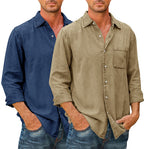 Camisa Casual Manga Larga para Hombre con Bolsillo en color azul marino + caqui (2 camisas)