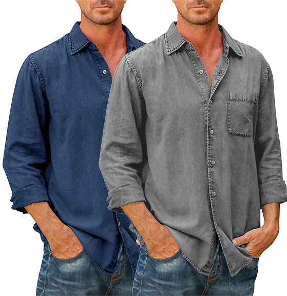 Camisa Casual Manga Larga para Hombre con Bolsillo en color azul marino + gris (2 camisas)