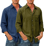 Camisa Casual Manga Larga para Hombre con Bolsillo en color azul marino + verde (2 camisas)