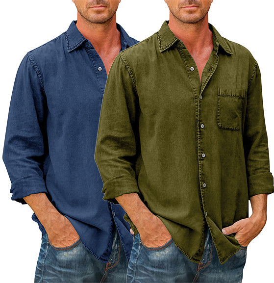 Camisa Casual Manga Larga para Hombre con Bolsillo en color azul marino + verde (2 camisas)