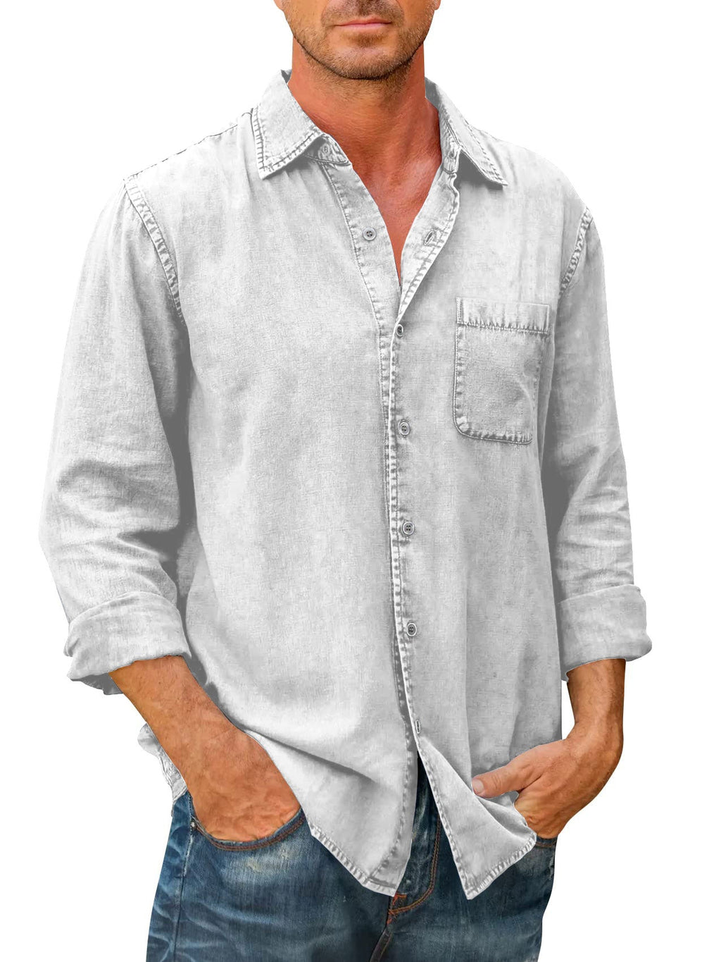 Camisa Casual Manga Larga para Hombre con Bolsillo en color blanco
