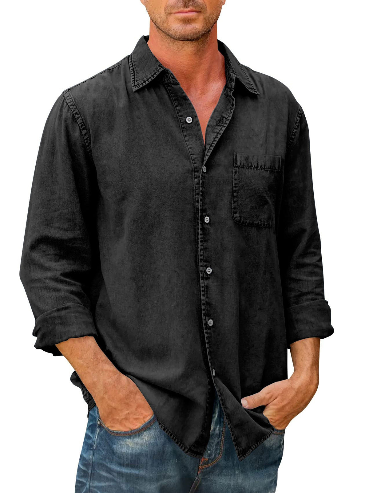 Camisa Casual Manga Larga para Hombre con Bolsillo en color negro