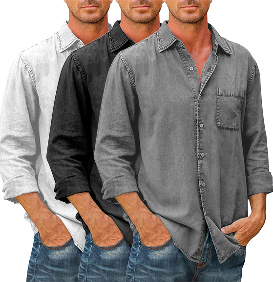 Camisa Casual Manga Larga para Hombre con Bolsillo en color negro + blanco + gris (3 camisas)