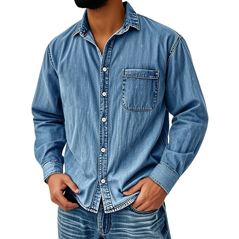 Camisa Lavada Manga Larga para Hombre con Bolsillo en color azul claro