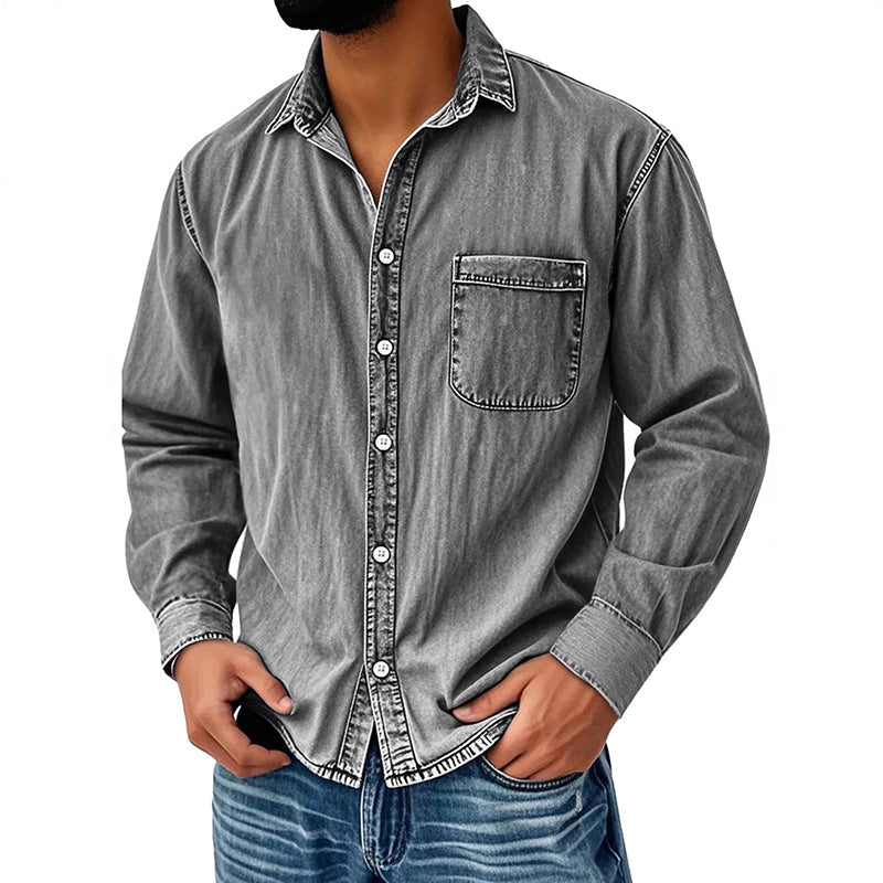 Camisa Lavada Manga Larga para Hombre con Bolsillo en color gris