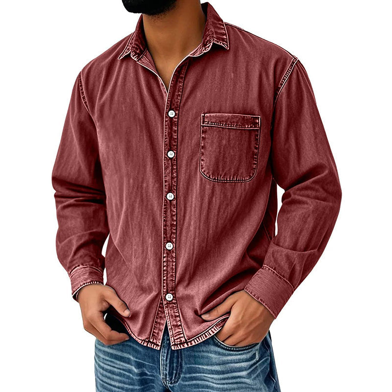 Camisa Lavada Manga Larga para Hombre con Bolsillo en color rojo