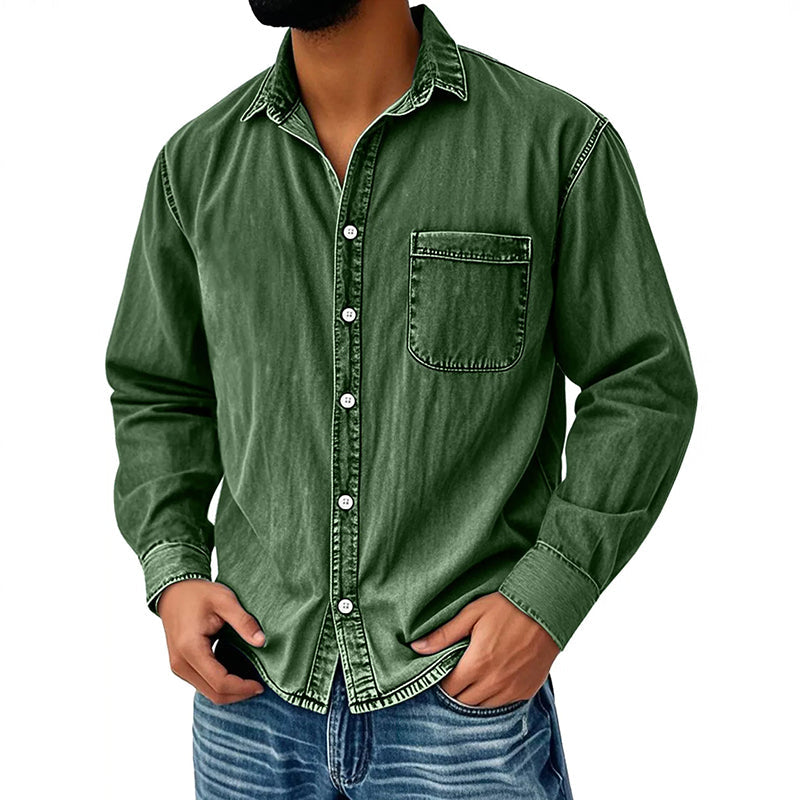 Camisa Lavada Manga Larga para Hombre con Bolsillo en color verde oscuro