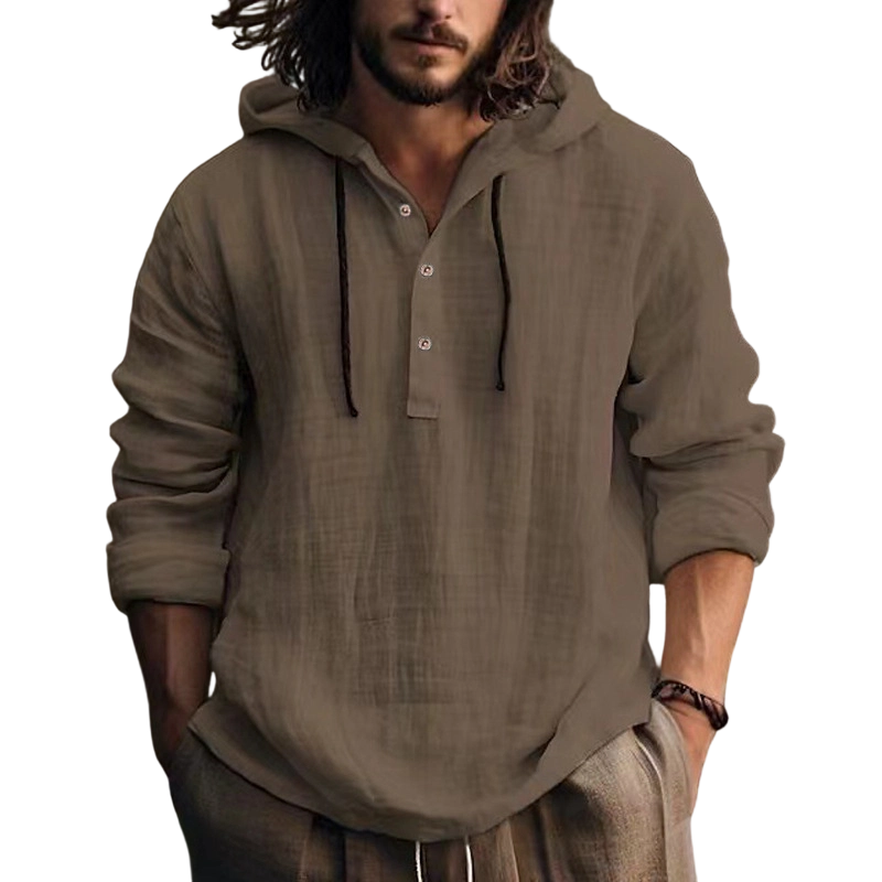 Camisa de Lino con Capucha para Hombre Manga Larga en color café