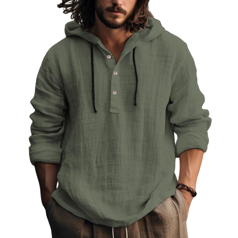 Camisa de Lino con Capucha para Hombre Manga Larga en color verde