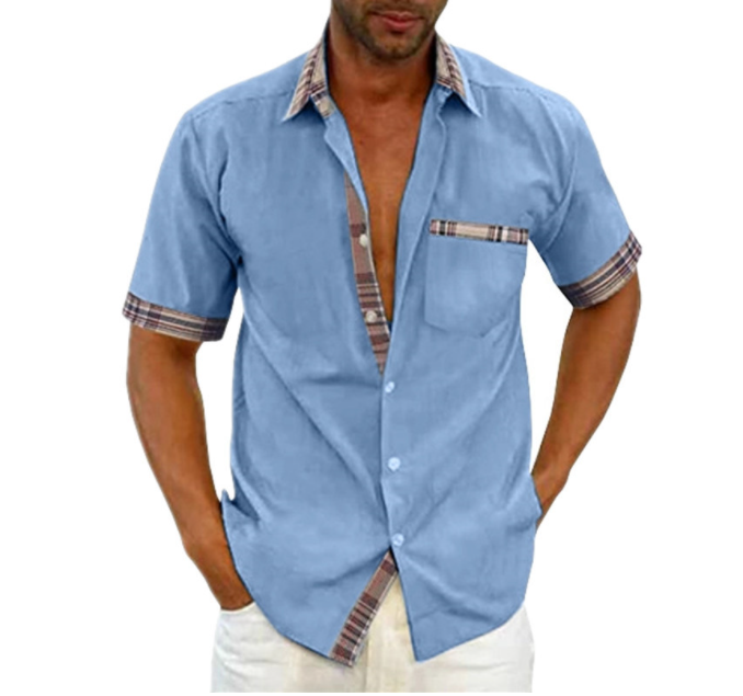 Camisa Manga Corta para Hombre con Detalle a Cuadros en color azul claro