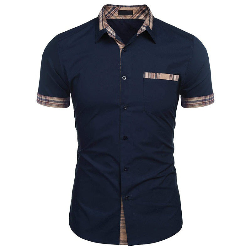 Camisa Manga Corta para Hombre con Detalle a Cuadros en color azul marino