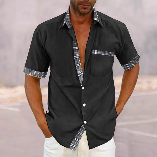 Camisa Manga Corta para Hombre con Detalle a Cuadros en color negro
