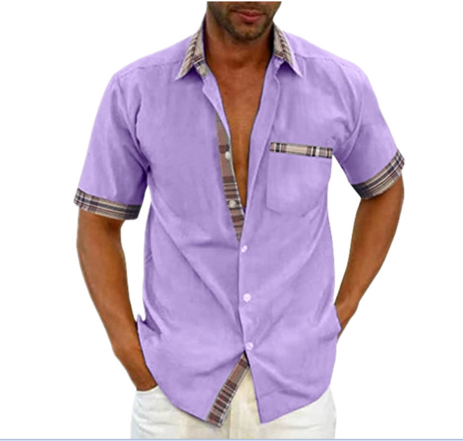 Camisa Manga Corta para Hombre con Detalle a Cuadros en color púrpura