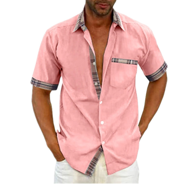 Camisa Manga Corta para Hombre con Detalle a Cuadros en color rosa